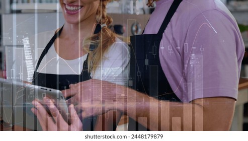 Image of data processing over diverse people using tablet. Global technology, computing and digital interface concept digitally generated image.
