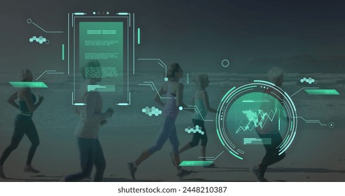 Image of data processing over diverse women running. Global sports, science, computing, digital interface and data processing concept digitally generated image.