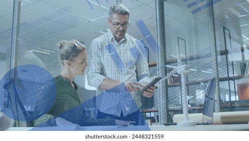 Image of data processing over diverse business people working in office. Global business, finances, computing and data processing concept digitally generated image.