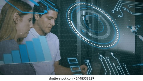 Image of data processing over diverse male and female doctors. Business and digital interface concept digitally generated image.