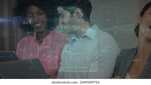 Image of data processing over diverse business people in office. Global business and digital interface concept digitally generated image.