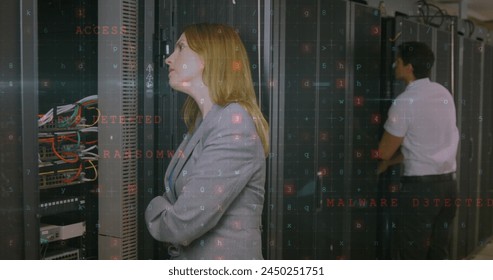 Image of data processing over diverse workers in server room. Global technology and digital interface concept digitally generated image.