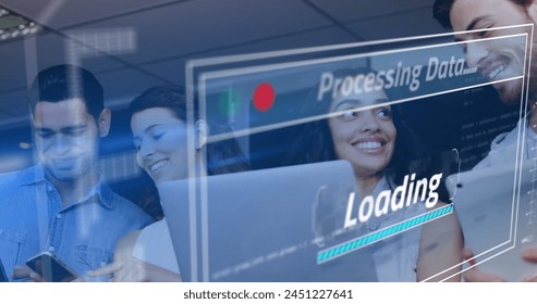 Image of data processing over diverse business people using smartphones and laptop. Global technology, computing and digital interface concept digitally generated image.