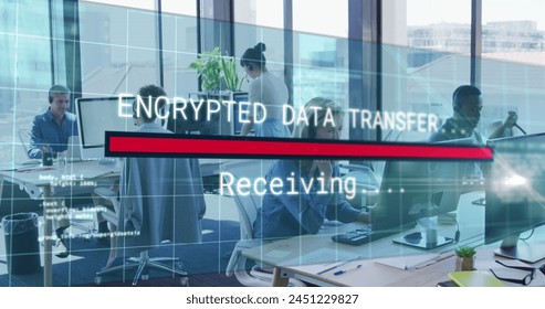 Image of data processing over diverse business people using phone headsets. Global technology, computing and digital interface concept digitally generated image.
