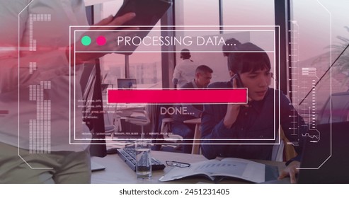 Image of data processing over diverse business people at office. Global technology, computing and digital interface concept digitally generated image.