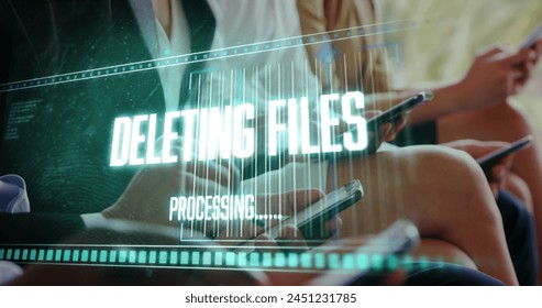 Image of data processing over diverse business people using smartphones. Global technology, computing and digital interface concept digitally generated image.