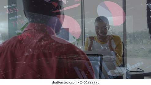 Image of data processing over diverse business people in office. Global business and digital interface concept digitally generated image.