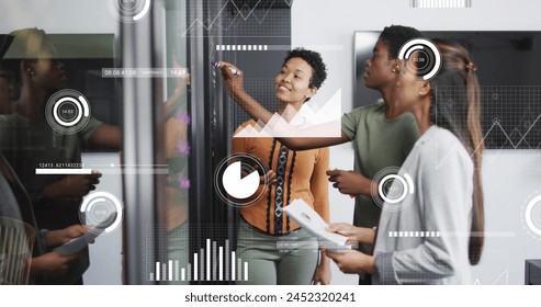 Image of data processing over diverse business people talking in office. Global business and digital interface concept digitally generated image.