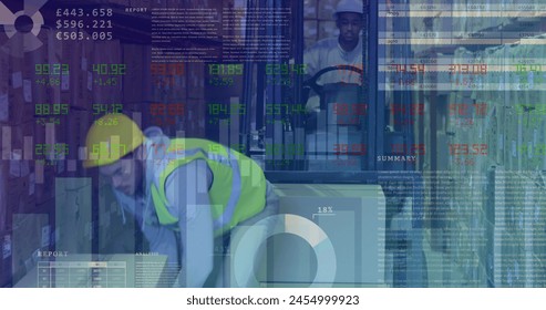 Image of data processing over diverse workers in warehouse. Global business and digital interface concept digitally generated image.