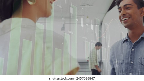 Image of data processing over diverse business people talking. global business and digital interface concept digitally generated image. - Powered by Shutterstock - Get 15% off with code: PIKWIZARD15