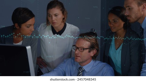 Image of data processing over diverse business people talking. global business and digital interface concept digitally generated image. - Powered by Shutterstock - Get 15% off with code: PIKWIZARD15