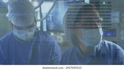 Image of data processing over diverse female surgeons during surgery. global medicine and digital interface concept digitally generated image.