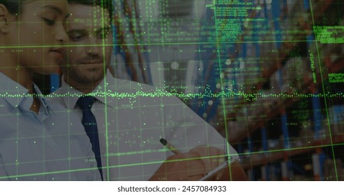 Image of data processing over diverse female and male warehouse workers. business, finance and delivery services concept digitally generated image.