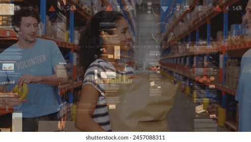 Image of data processing over diverse group of warehouse workers. Global connections, data processing and digital interface concept digitally generated image.