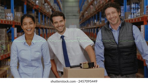Image of data processing over diverse people working in warehouse. Logistics and transportation business concept.