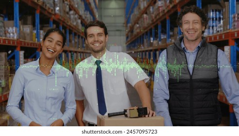 Image of data processing over diverse people working in warehouse. Logistics and transportation business concept.