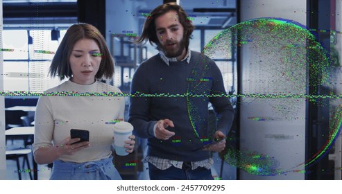 Image of data processing over diverse business people talking and walking. Global business and digital interface concept digitally generated image.