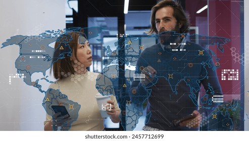 Image of data processing over diverse business people talking and walking. Global business and digital interface concept digitally generated image.