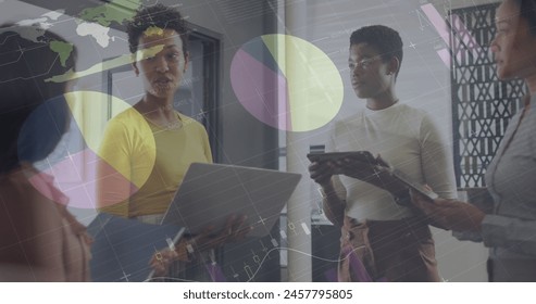 Image of data processing over diverse business people in office. Global business, computing and digital interface concept digitally generated image.