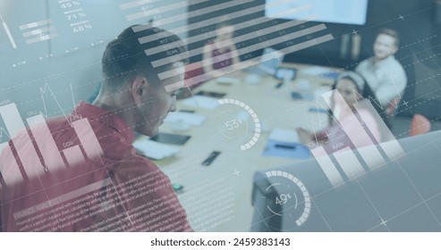 Image of data processing over diverse business people having meeting at office. Global business, finances and digital interface concept, digitally generated image.