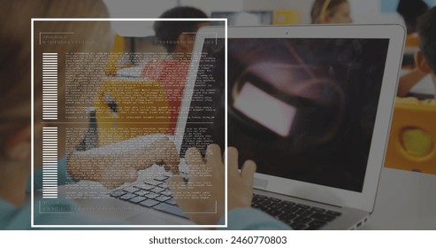 Image of data processing over diverse schoolchildren using laptop. Global business and digital interface concept digitally generated image.