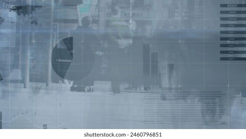 Image of data processing over diverse business people walking. Global business and digital interface concept digitally generated image.
