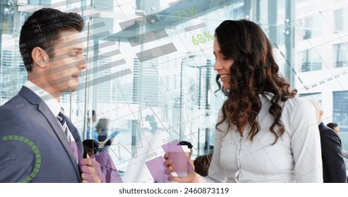 Image of data processing over diverse business people at office. Global business, computing and digital interface concept digitally generated image.