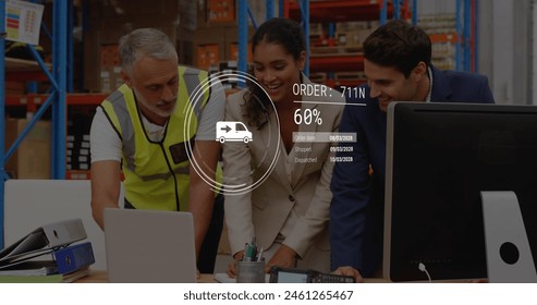 Image of data processing over diverse supervisors and workers discussing together at warehouse. Future concept of supply chain and logistic network business