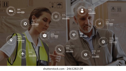 Image of data processing over diverse male supervisor and female worker discussing at warehouse. Future concept of supply chain and logistic network business