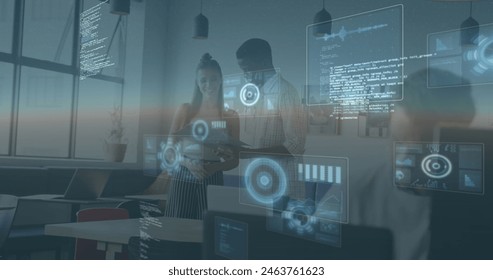 Image of data processing over diverse business people having meeting at office. Global business, finances and digital interface concept digitally generated image.