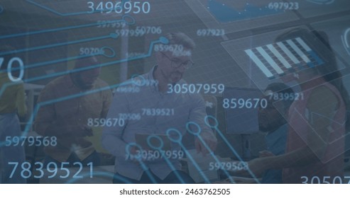 Image of data processing over diverse business people having meeting at office. Global business, finances and digital interface concept digitally generated image. - Powered by Shutterstock - Get 15% off with code: PIKWIZARD15