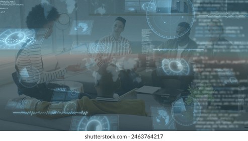 Image of data processing over diverse business people having meeting at office. Global business, finances and digital interface concept digitally generated image.