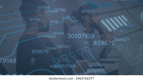 Image of data processing over diverse business people having meeting at office. Global business, finances and digital interface concept digitally generated image.