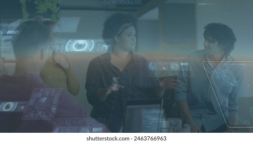 Image of data processing over diverse business people having meeting at office. Global business, finances and digital interface concept digitally generated image.