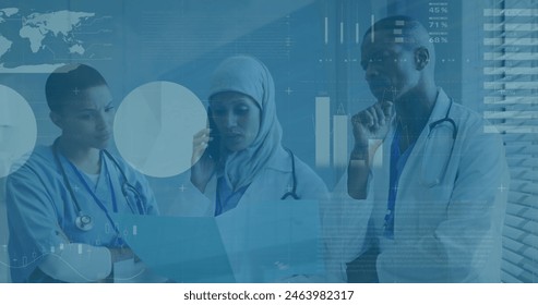 Image of data processing over diverse team of doctors talking on smartphone discussing reports. Medical healthcare technology concept