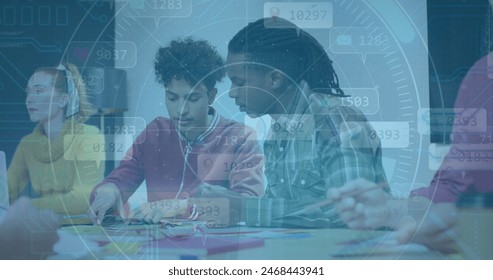 Image of data processing over diverse business people having meeting at office. Global business, finances and digital interface concept digitally generated image.