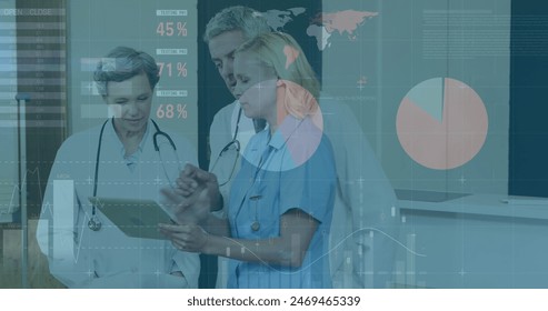 Image of data processing over diverse group of doctors. global medicine, technology, data processing and digital interface concept digitally generated image.
