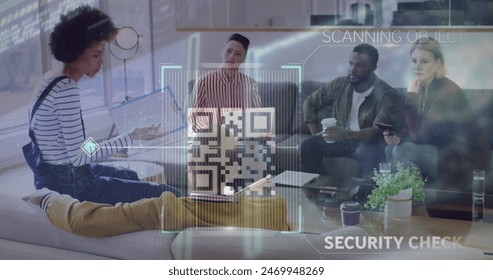 Image of data processing over diverse business people in office. Global business and digital interface concept digitally generated image.