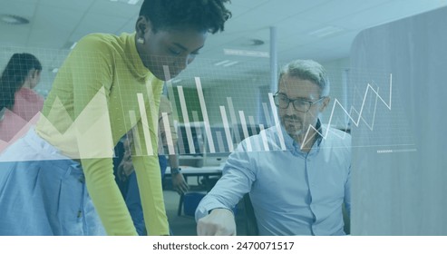 Image of data processing over diverse male and female colleagues discussing at office. Computer interface and business technology concept