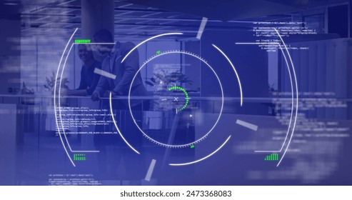 Image of data processing over diverse business people talking. Global business and digital interface concept digitally generated image.