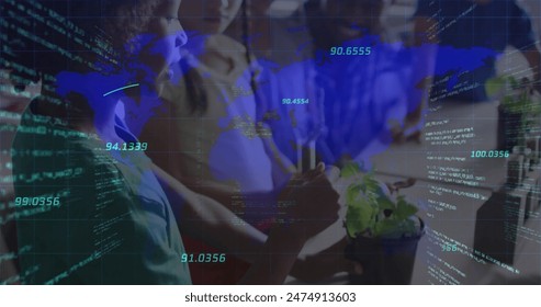 Image of data processing over diverse schoolchildren learning in classroom. Global education and digital interface concept digitally generated image.