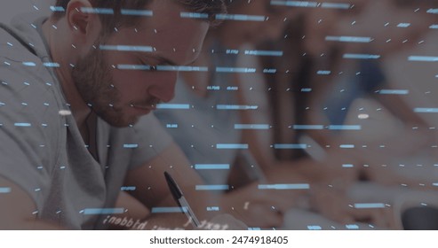 Image of data processing over diverse students writing. Global education and digital interface concept digitally generated image.