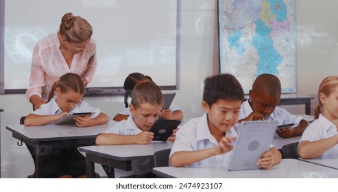Image of data processing over diverse schoolchildren with teacher. Global education and digital interface concept digitally generated image.