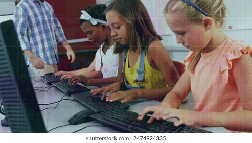 Image of data processing over diverse schoolchildren with teacher. Global education and digital interface concept digitally generated image.