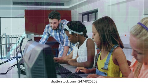 Image of data processing over diverse schoolchildren with teacher. Global education and digital interface concept digitally generated image.