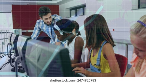 Image of data processing over diverse schoolchildren with teacher. Global education and digital interface concept digitally generated image.