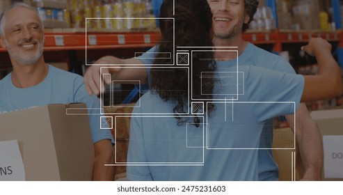 Image of data processing over diverse male and female volunteers hugging each other at warehouse. Donation and volunteering concept - Powered by Shutterstock