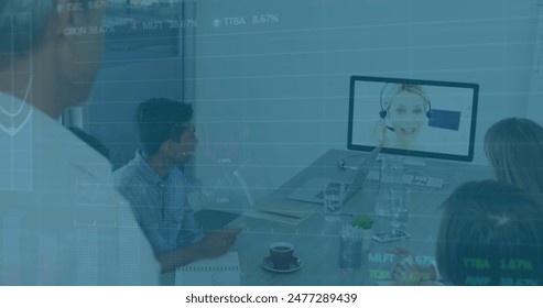 Image of data processing over diverse colleagues having a image conference in meeting room. Computer interface and business data technology concept - Powered by Shutterstock - Get 15% off with code: PIKWIZARD15