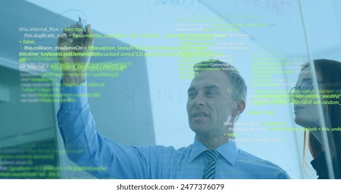 Image of data processing over diverse man and woman discussing over glassboard at office. Computer interface and business technology concept - Powered by Shutterstock