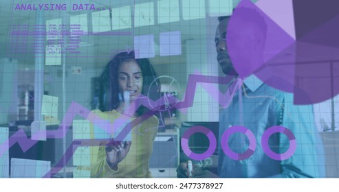 Image of data processing over diverse man and woman discussing over glassboard at office. Computer interface and business data technology concept - Powered by Shutterstock